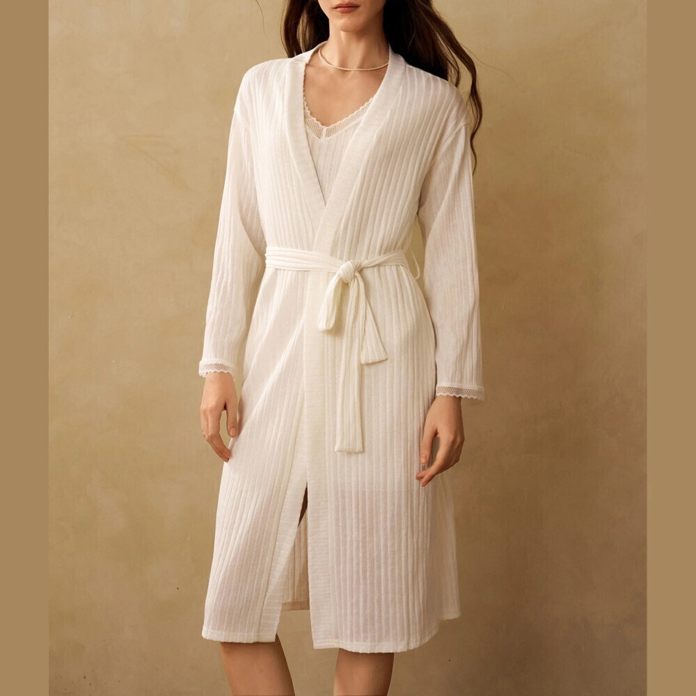 Cream Ribbed Knit Lace Trim Belted Midi Robe and V Neck Slip Dress Set
